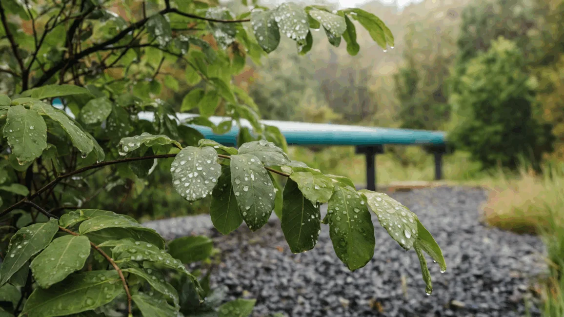 Grüne Blätter mit Wassertropfen, im Hintergrund eine grüne Rohrleitung und verschwommene Bäume.