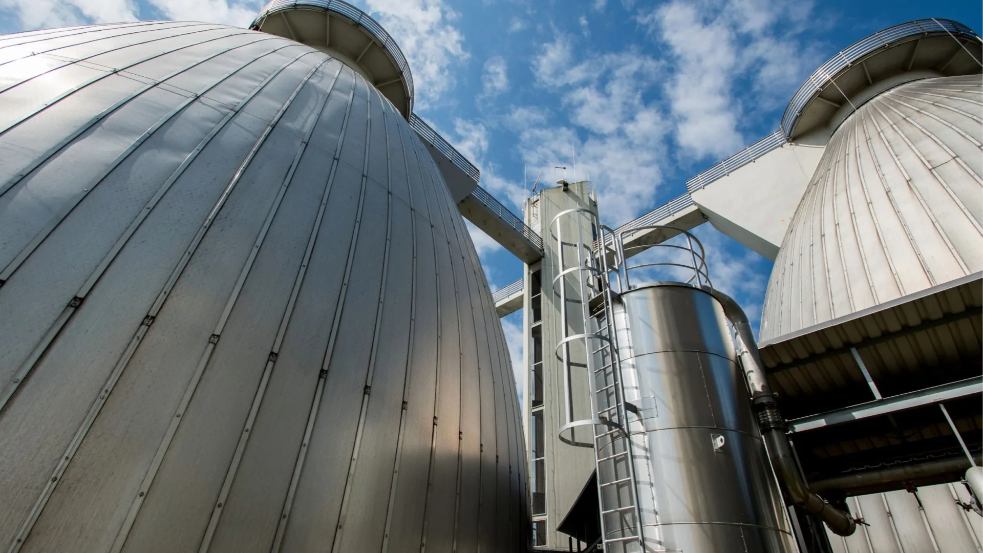 Fabrikgebäude mit großen, glänzenden Silotanks und einer Leiter unter einem wolkigen Himmel.
