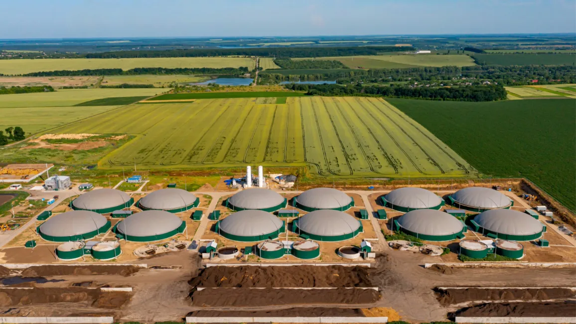 Biogasanlage mit mehreren großen, runden Biogastanks in einem grünen, landwirtschaftlichen Gebiet.