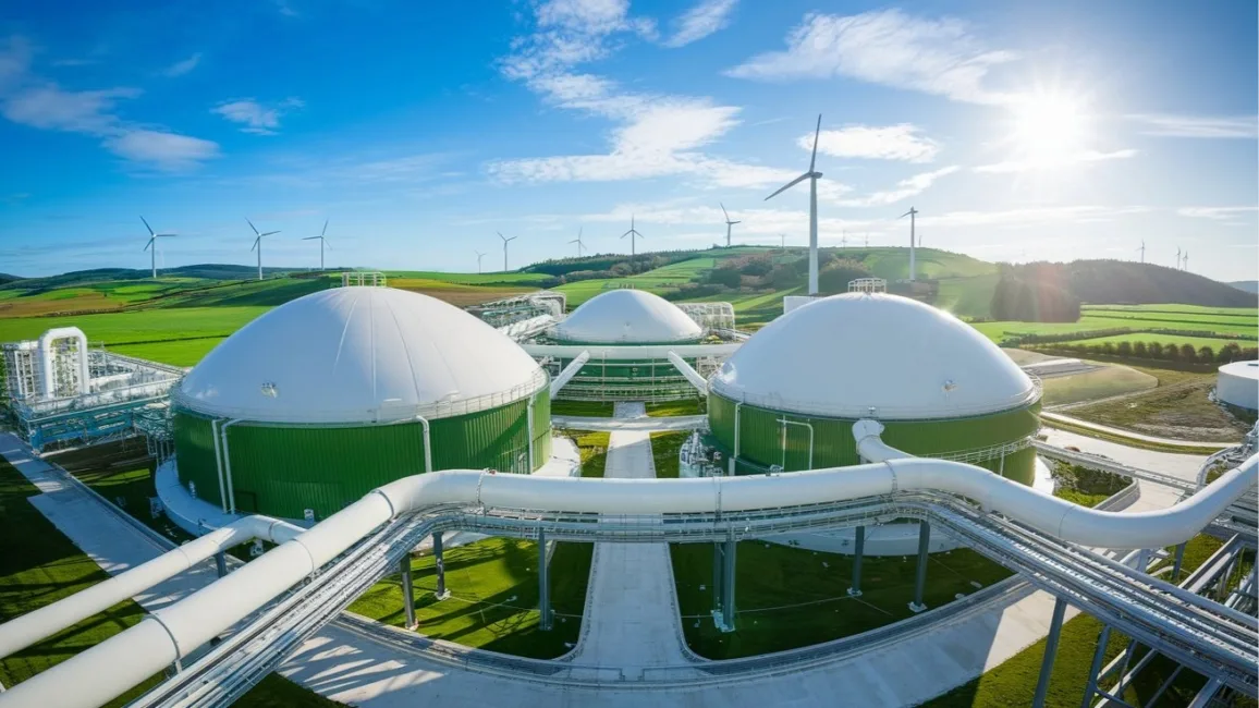 Biogasanlage mit mehreren großen, runden Tanks, umgeben von Windkraftanlagen und grüner Landschaft im Hintergrund.