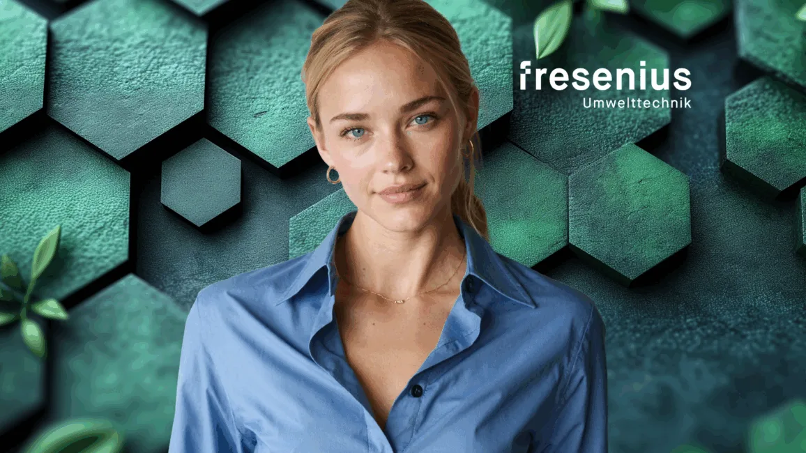 Blonde Frau in blauer Bluse vor grünem, geometrischem Hintergrund mit Text „fresenius Umwelttechnik“.