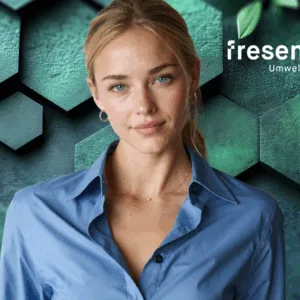 Blonde Frau in blauer Bluse vor grünem, geometrischem Hintergrund mit Text „fresenius Umwelttechnik“.