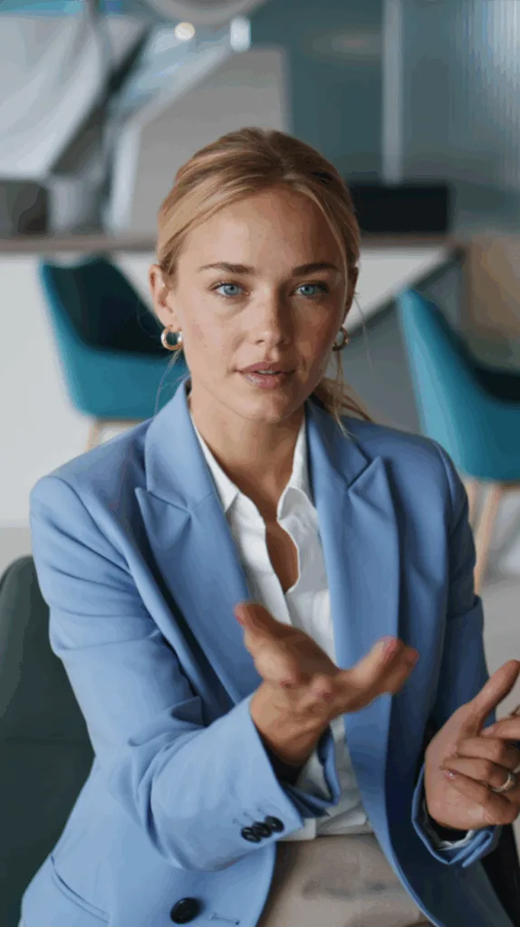 Frau mit blonden Haaren und blauer Jacke zeigt mit der Hand auf etwas, während sie in einem modernen Raum spricht.